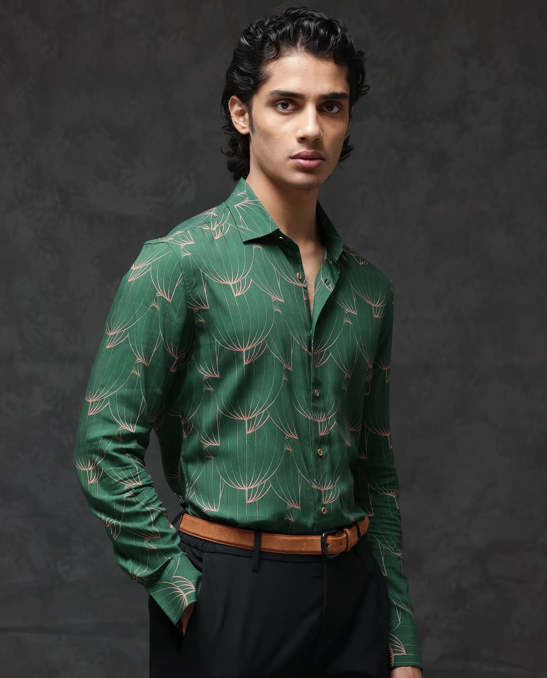 Rare Rabbit Men's Rasou Green Viscose Fabric Full Sleeves Tropical Print Shirt