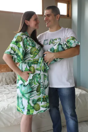 Robe swaddle personalized hat matching dad shirt Tropical theme Pinapple print.