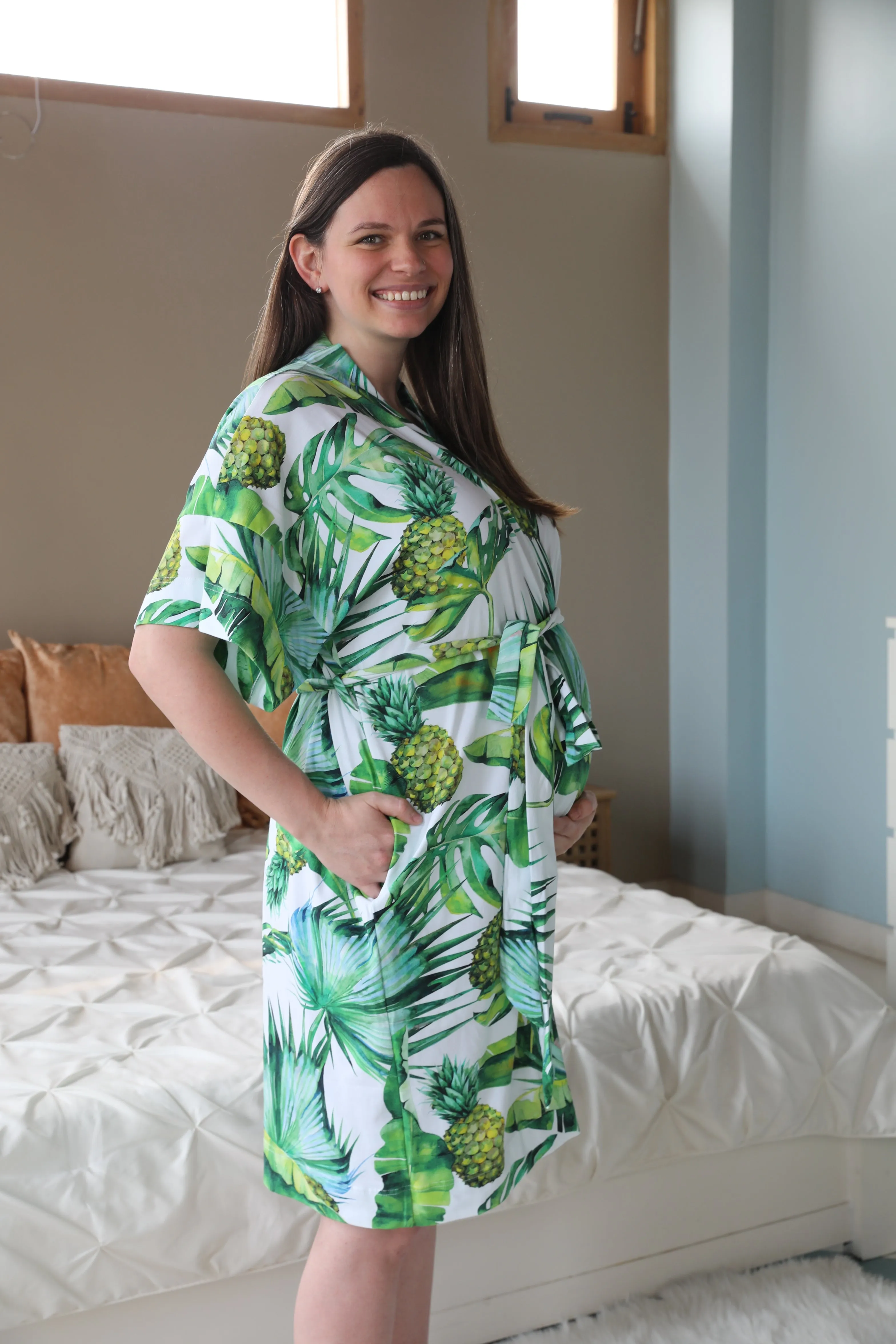 Robe swaddle personalized hat matching dad shirt Tropical theme Pinapple print.