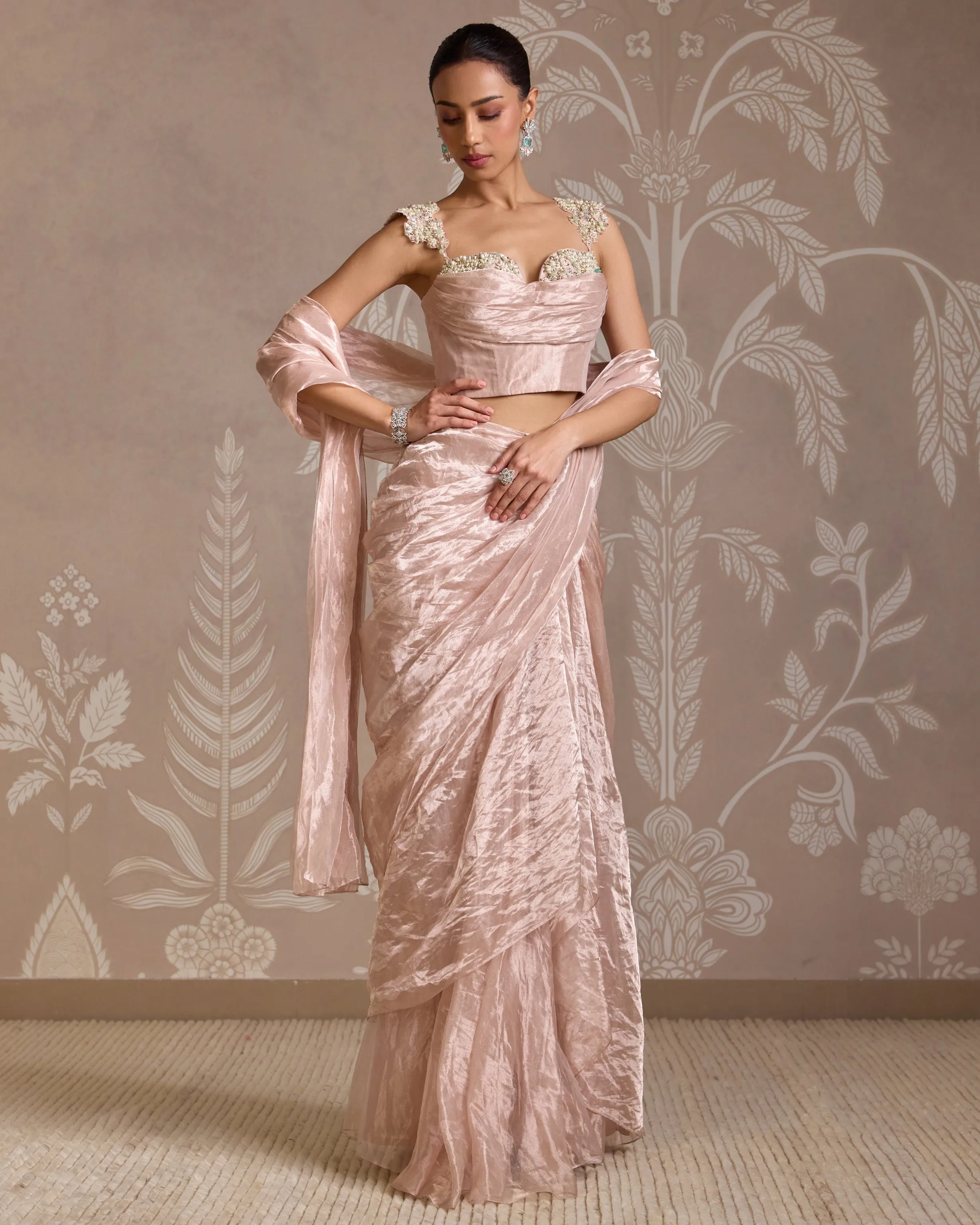 Rose Gold Hem Pre Stitched Sari Set