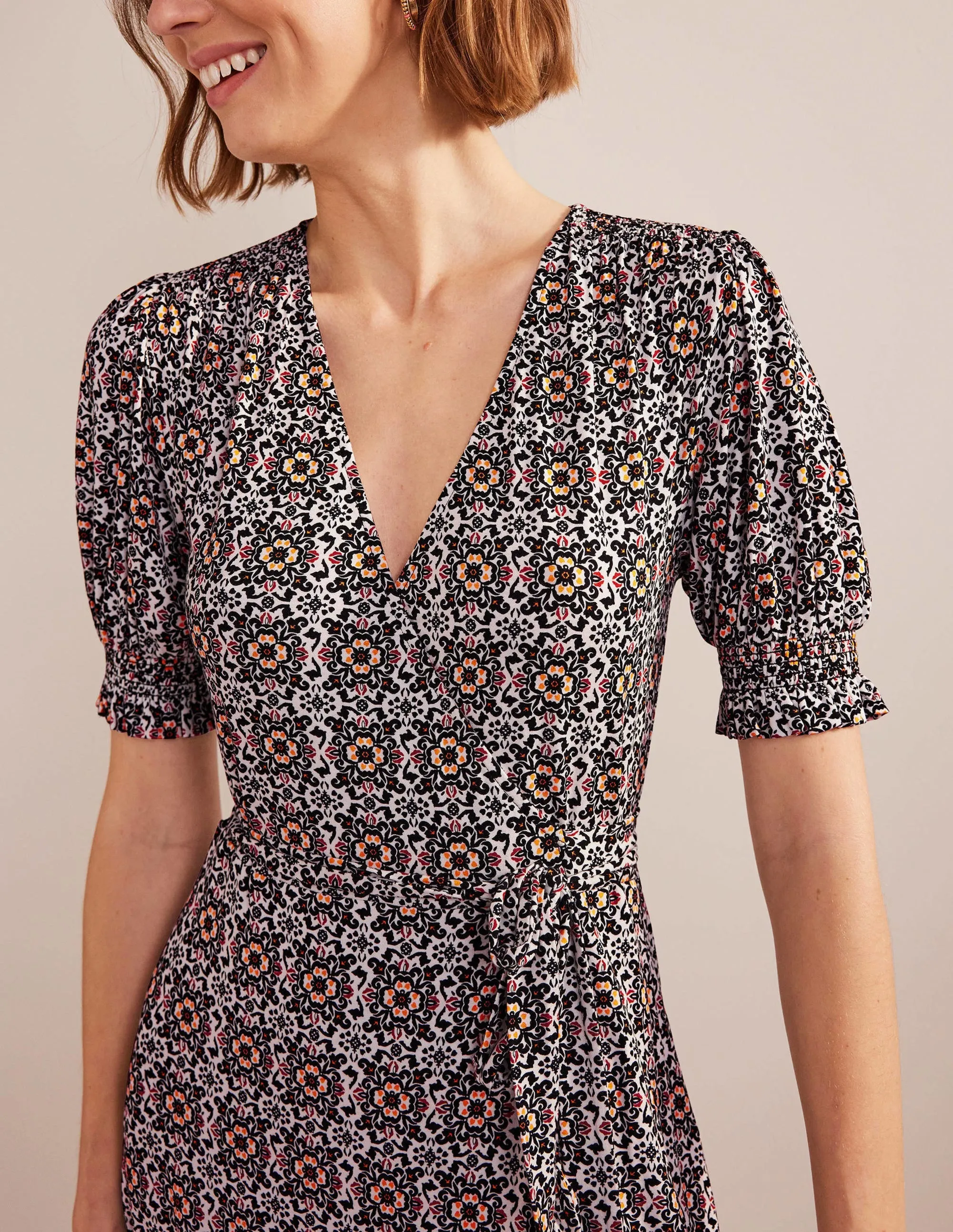 Ruffle Wrap Jersey Mini Dress-Black, Opulent Pome