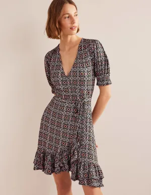 Ruffle Wrap Jersey Mini Dress-Black, Opulent Pome