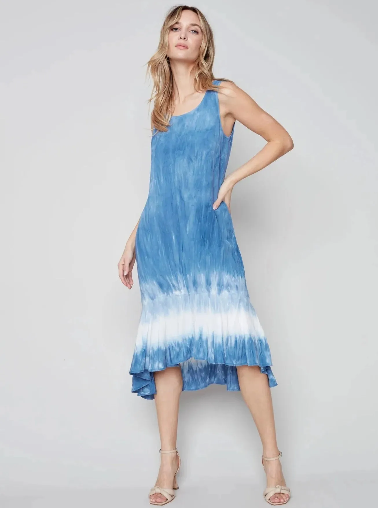 Sleeveless Round Neck High Low Rayon Dress [Denim-C3152]