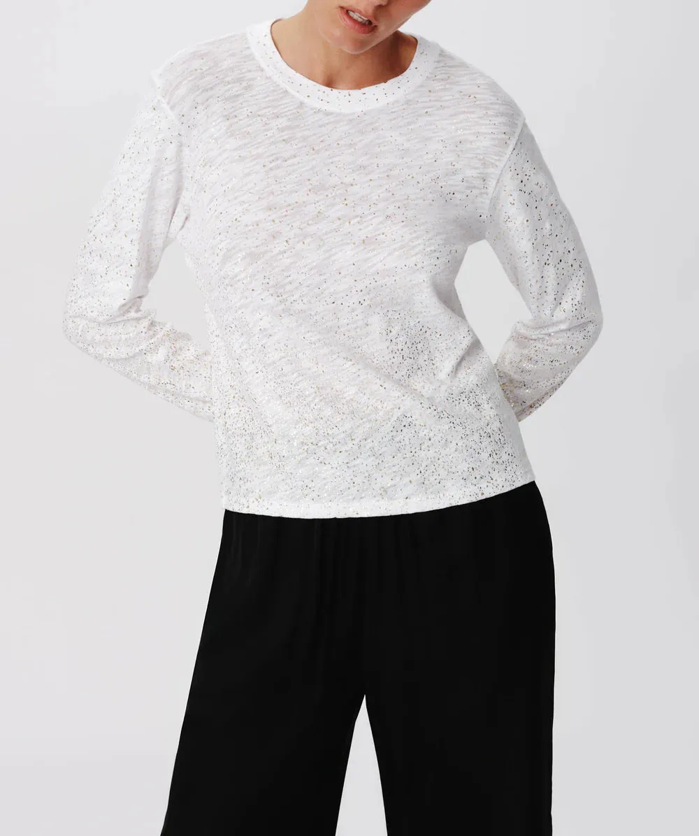 Slub Jersey with Foil Long Sleeve Crop Tee - White Gold
