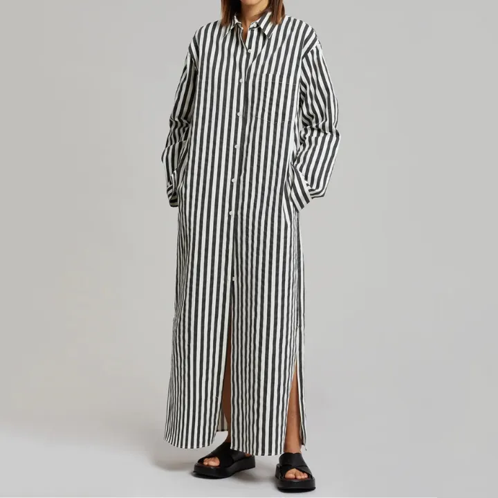 Vertical Striped Long Shirt With Slit Cut J5887