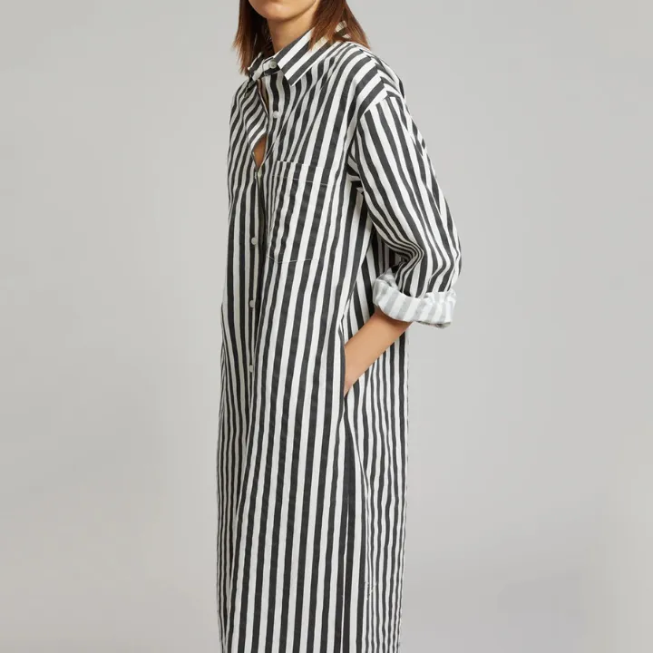 Vertical Striped Long Shirt With Slit Cut J5887