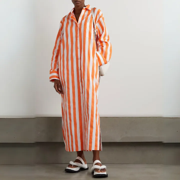 Vertical Striped Long Shirt With Slit Cut J5887