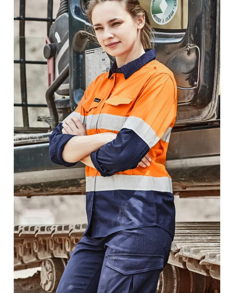 Womens Rugged Cooling Hi Vis Taped Long Sleeve Shirt - Orange/Navy